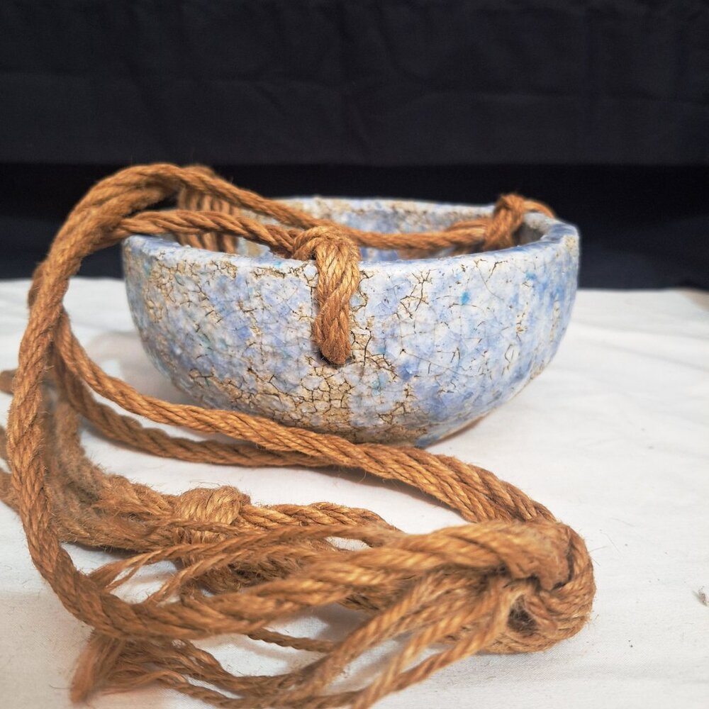 Anthropologie Rope Hanging Earthenware Planter Crackle Blue Glaze 7”